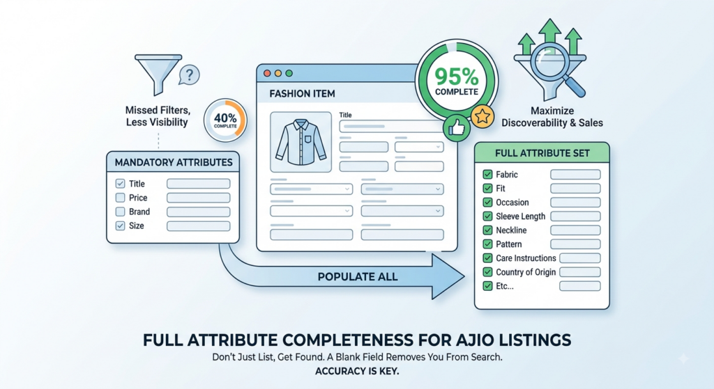 AJIO fashion attribute completeness showing product fields, filters, and detailed product information required for better catalog discovery