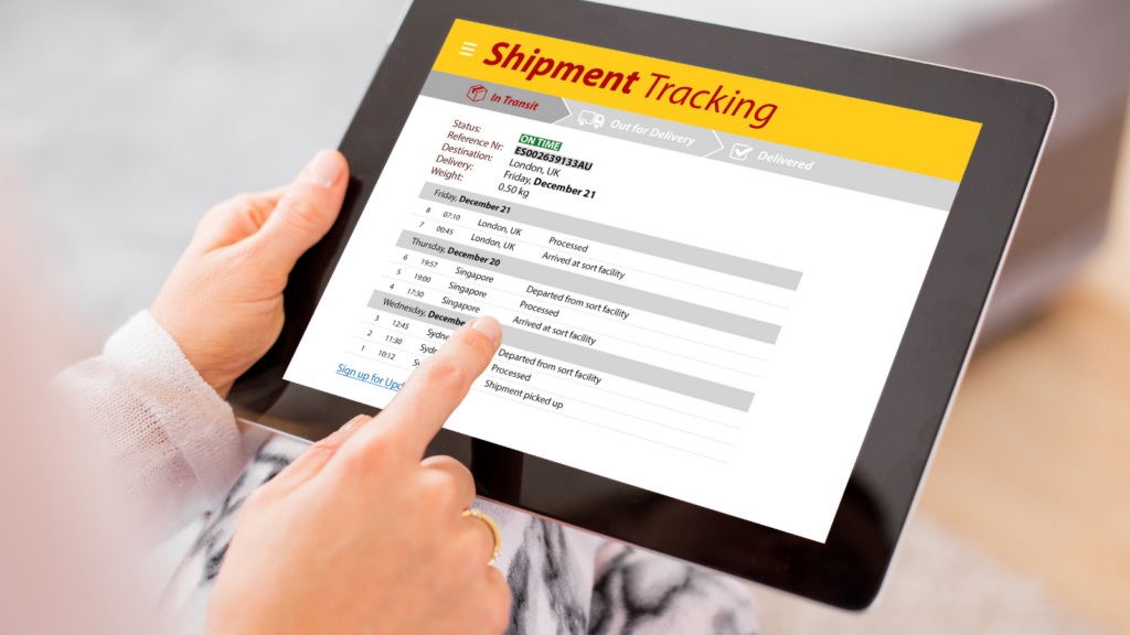 Automated shipment tracking updates showing ecommerce delivery status monitored through a tablet interface