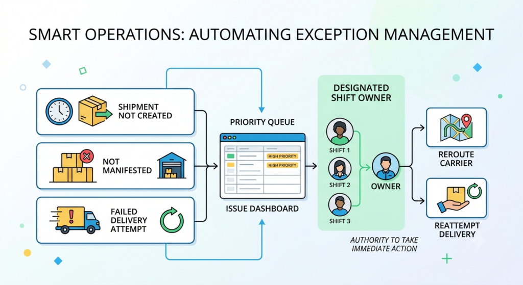 Exception management workflow showing automated alerts for uncreated shipments, unmanifested parcels, and failed delivery attempts