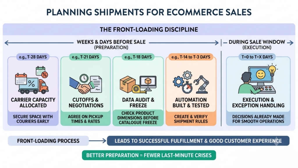 Shipment planning framework for ecommerce sales showing carrier capacity, automation, NDR management, and dispatch controls
