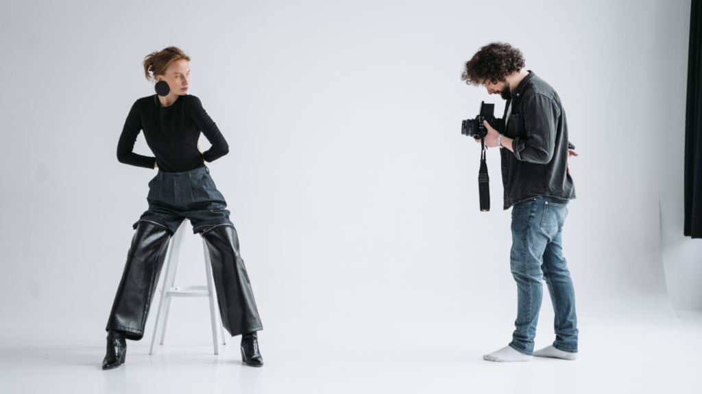 Fashion product photography setup showing an on-model apparel shoot for AJIO catalog imagery
