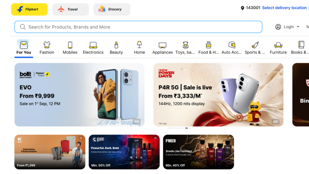 Amazon India marketplace homepage showing product listings, deals, and shopping categories