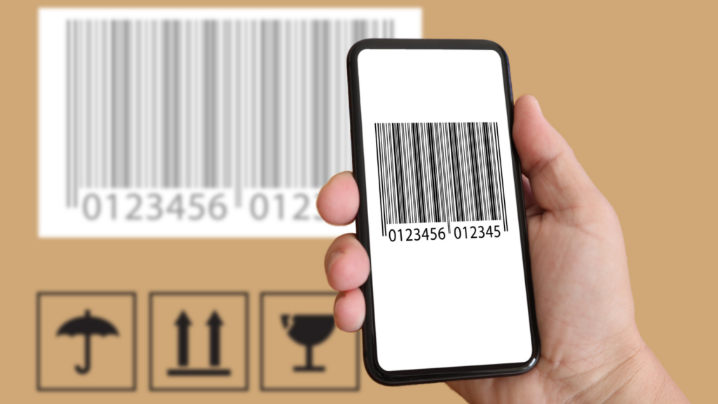 Barcode verification process showing a product barcode being scanned against catalog and packaging information
