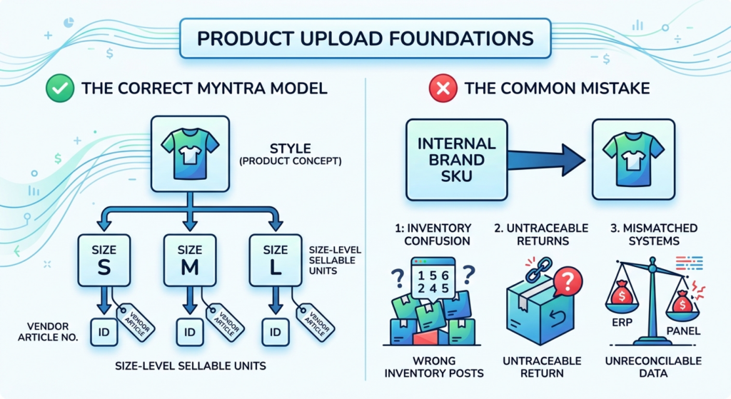 Product upload model showing style, size-level units, vendor article numbers, and EAN or barcode relationships