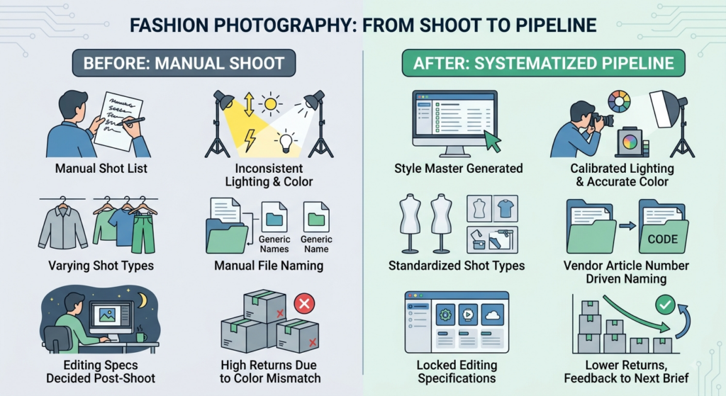 Fashion photography pipeline showing the process from style master and shot list to edited, QC-ready product images