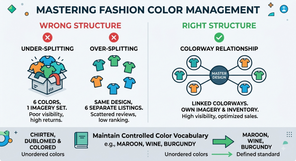 Fashion colourway management diagram showing incorrect and correct structures for related styles and product variants