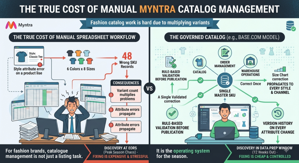 True cost of manual Myntra catalog management comparing fragmented processes with a governed catalog operating model