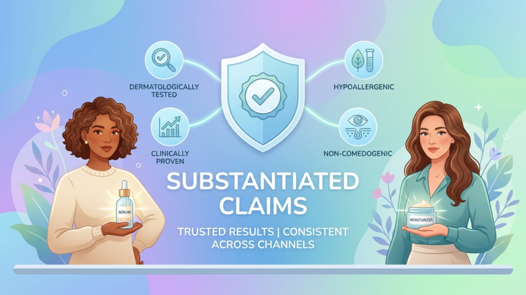 Beauty product claims such as dermatologically tested, clinically proven, hypoallergenic, and non-comedogenic supported by evidence
