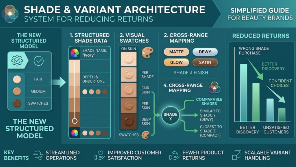 Shade and variant architecture showing structured shade data, undertones, swatches, finish mapping, and reduced wrong-shade purchases