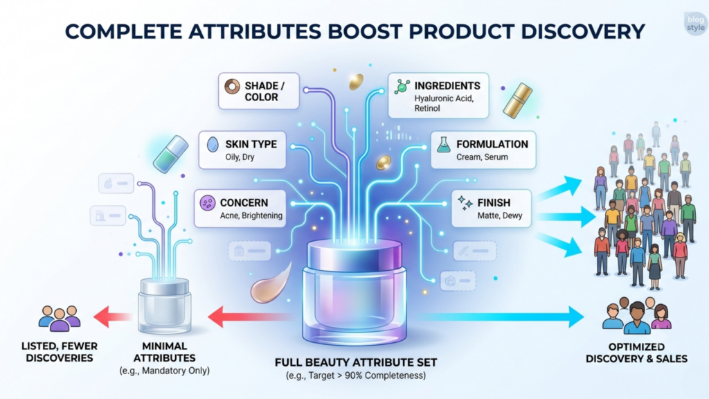 Complete beauty product attribute set covering shade, skin type, concerns, ingredients, formulation, finish, and other discovery filters