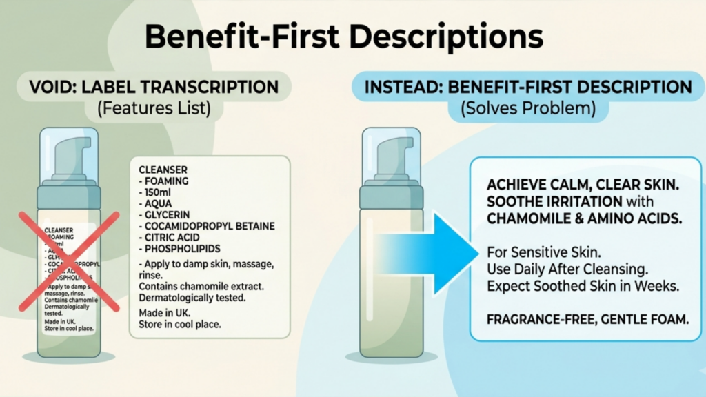 Comparison of label transcription with benefit-first product descriptions for clearer and more useful beauty listings