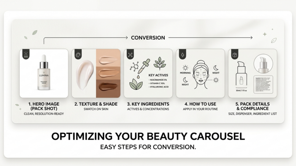 Beauty product image carousel showing hero pack shot, texture and shade swatches, key ingredients, usage instructions, and pack details