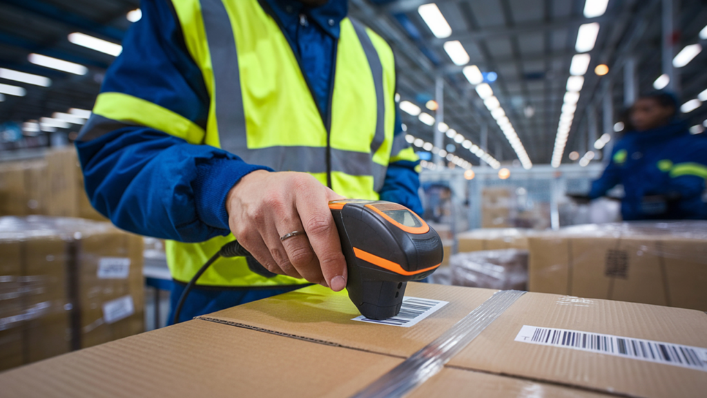 Blinkit barcode verification process showing a warehouse worker scanning product packaging before inventory dispatch