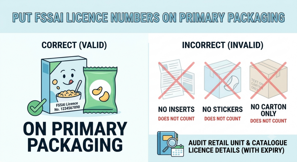 FSSAI license verification showing the license number correctly displayed on primary food product packaging

