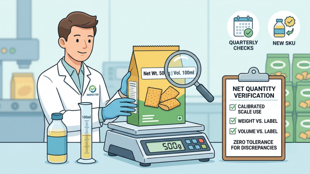 Physical product weight verification showing a packaged product being weighed against its declared net quantity
