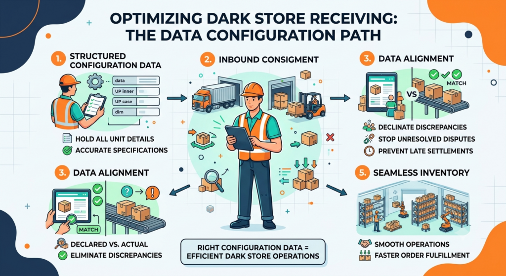 Blinkit dark store receiving workflow showing structured case pack configuration, inbound checks, data alignment, and inventory operations
