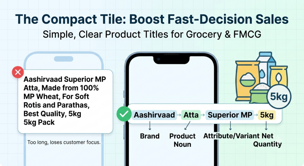 Blinkit product title optimization showing a compact mobile product tile with brand, product name, variant, and net quantity
