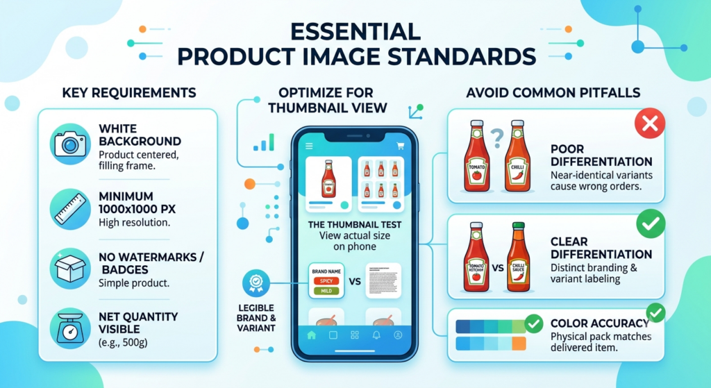 Blinkit product image standards showing white-background product photos optimized for mobile thumbnails and clear variant recognition
