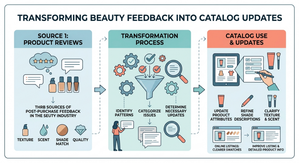 Beauty customer feedback workflow turning reviews, buyer questions, and returns into product catalog updates and corrections