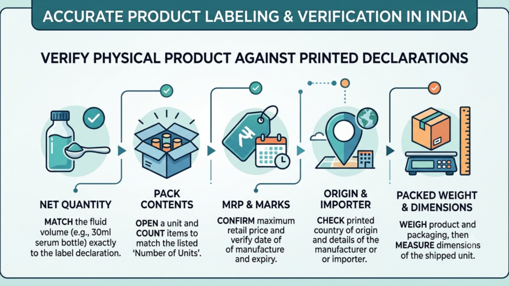 Beauty product labeling verification showing net quantity, pack contents, MRP, origin, importer details, packed weight, and dimensions