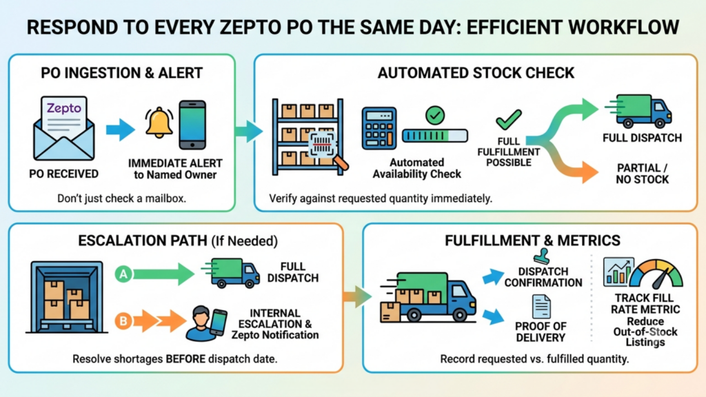Zepto automated purchase order workflow showing PO ingestion, stock checks, escalation, dispatch confirmation, and fulfillment tracking