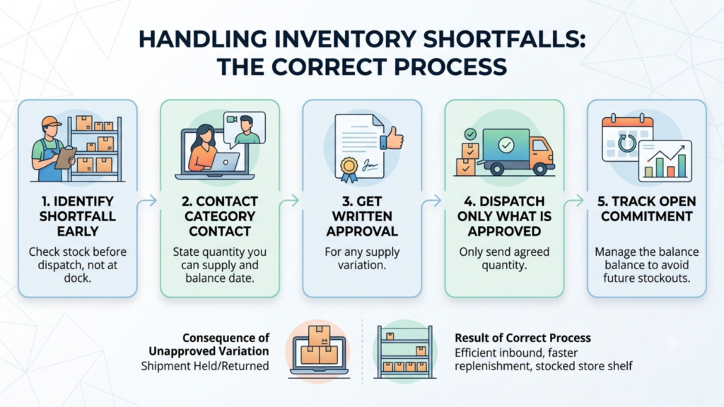 Zepto inventory shortfall process showing early identification, category contact approval, partial fulfillment, and open commitment tracking