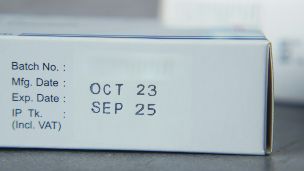 Zepto product batch label showing manufacturing date, expiry date, and shelf-life information used for inventory availability planning