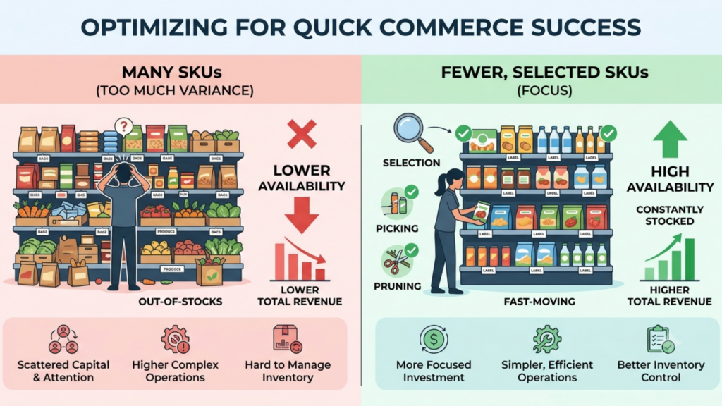 Quick commerce SKU optimization showing concentrated inventory on high-performing products to improve availability and reduce stockouts