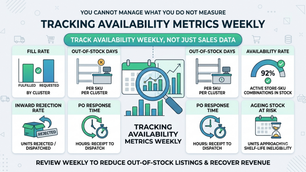 Zepto availability tracking dashboard showing PO fill rate, out-of-stock days, availability rate, inward rejection rate, response time, and ageing stock