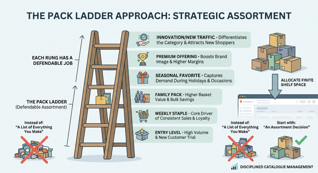 Instamart pack ladder strategy showing deliberate product assortment from entry-level and core packs to premium and value variants