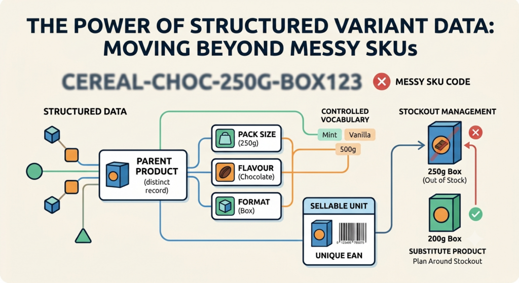 Structured Instamart variant data showing parent products, pack size, flavor, format, unique EANs, controlled vocabulary, and substitute SKUs
