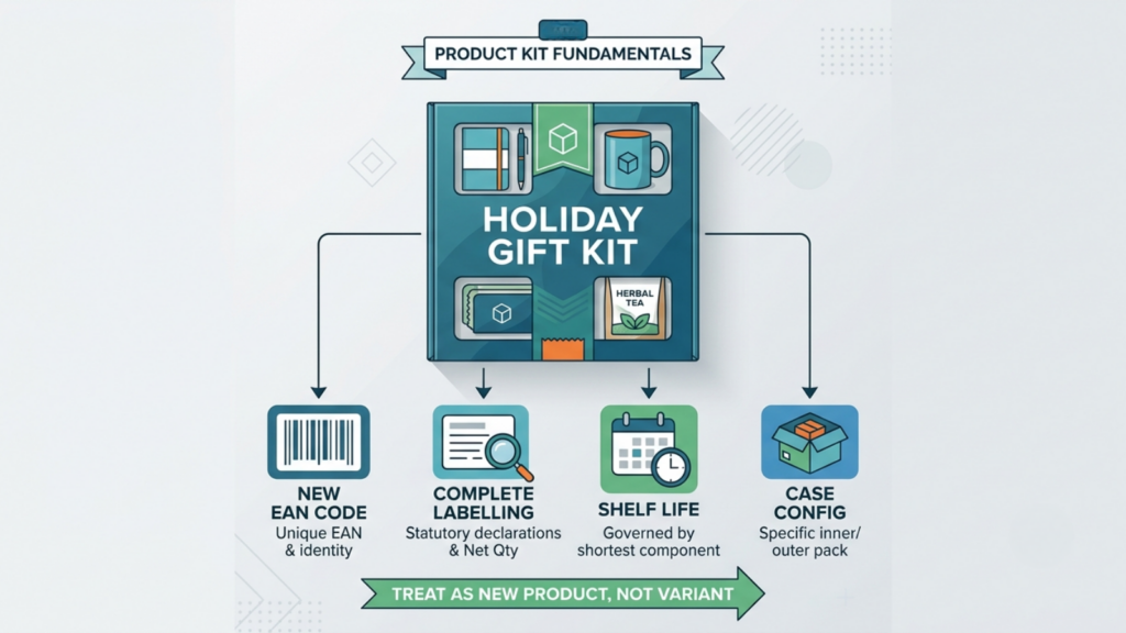 Physical kit SKU for Instamart showing a holiday gift pack with a unique EAN, complete labeling, derived shelf life, and case configuration