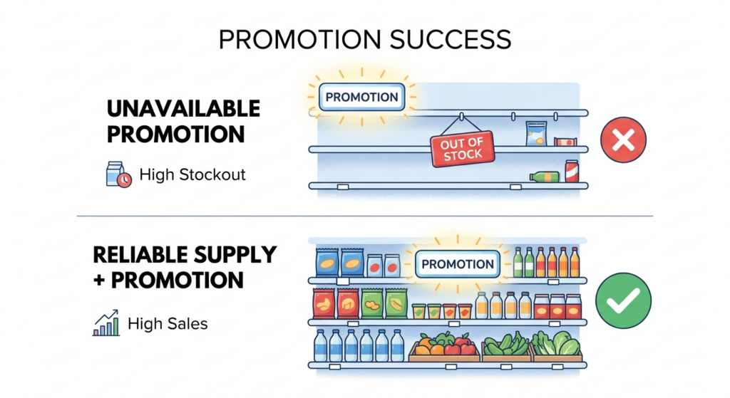 Instamart promotion strategy showing reliable supply and high stock availability compared with an out-of-stock promotion