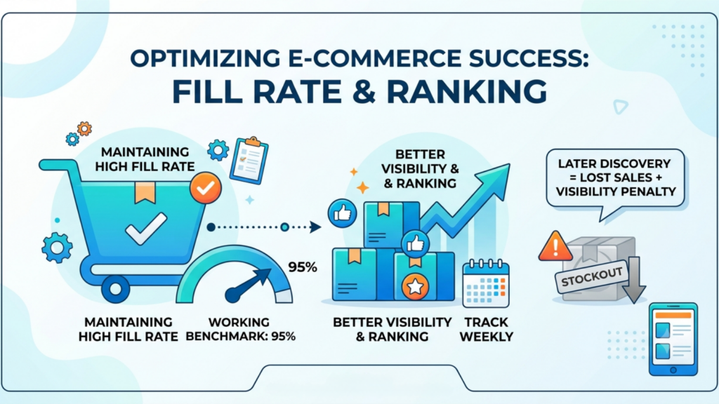 Instamart fill rate strategy showing a 95 percent working benchmark, improved visibility and ranking, and weekly availability tracking
