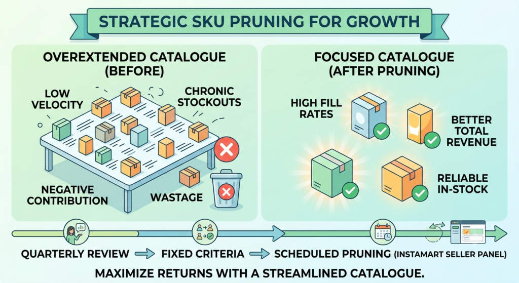 Instamart SKU pruning strategy comparing an overextended catalog with a focused assortment that improves fill rates and in-stock reliability