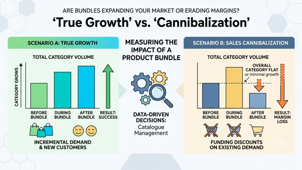 Instamart bundle performance analysis comparing true incremental category growth with sales cannibalization from promotional bundles
