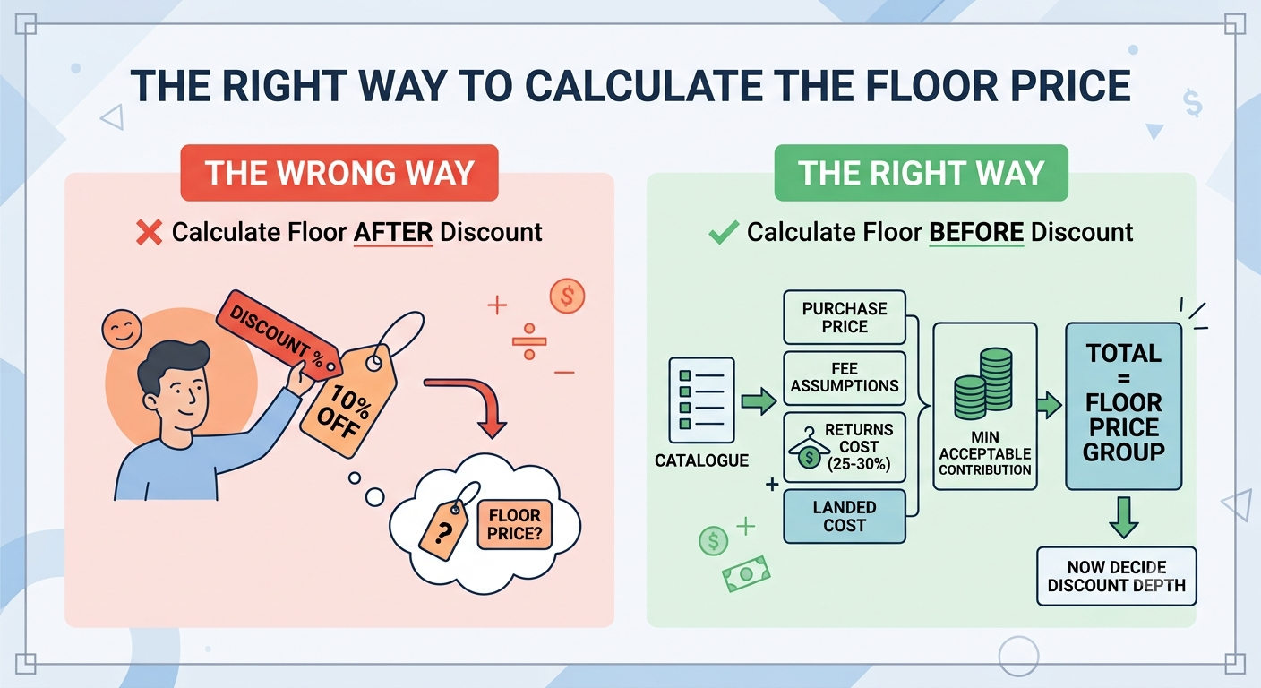 Base.com price groups showing base, minimum floor, sale, and channel-specific pricing structures