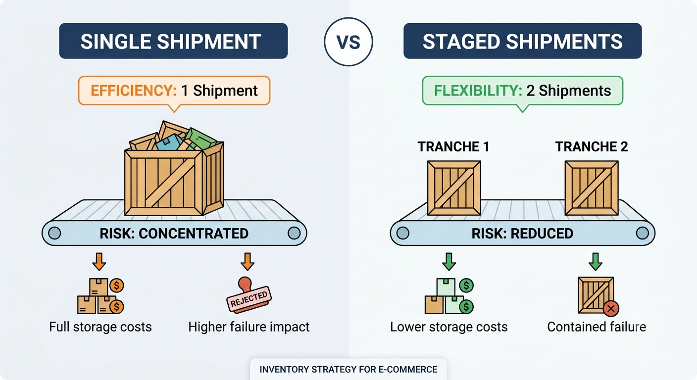 Staged ecommerce inventory shipments compared with a single large shipment, highlighting reduced risk, lower storage exposure, and contained failure