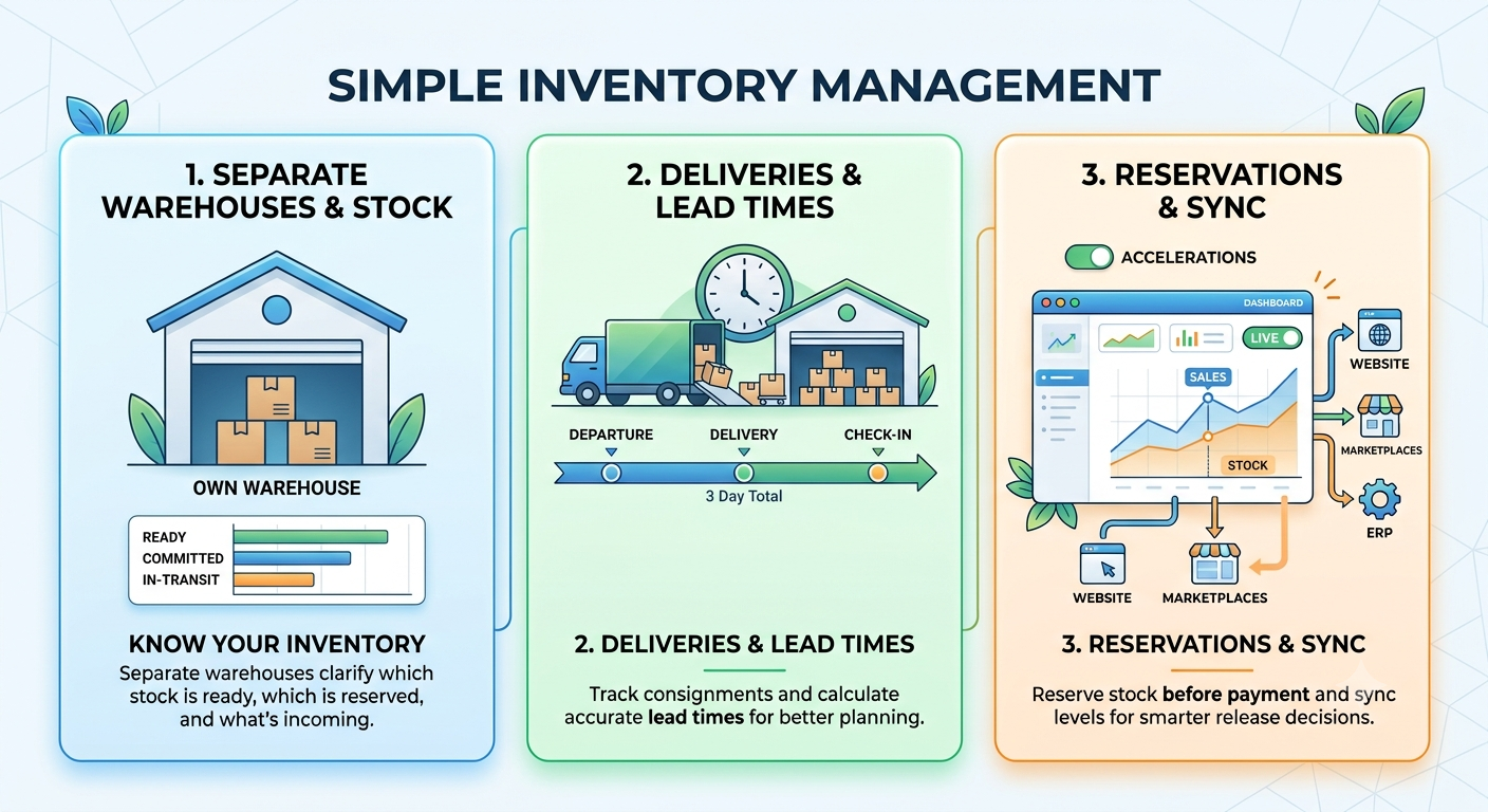 Simple inventory management workflow showing separate warehouses, delivery lead times, inventory reservations, and live stock synchronization
