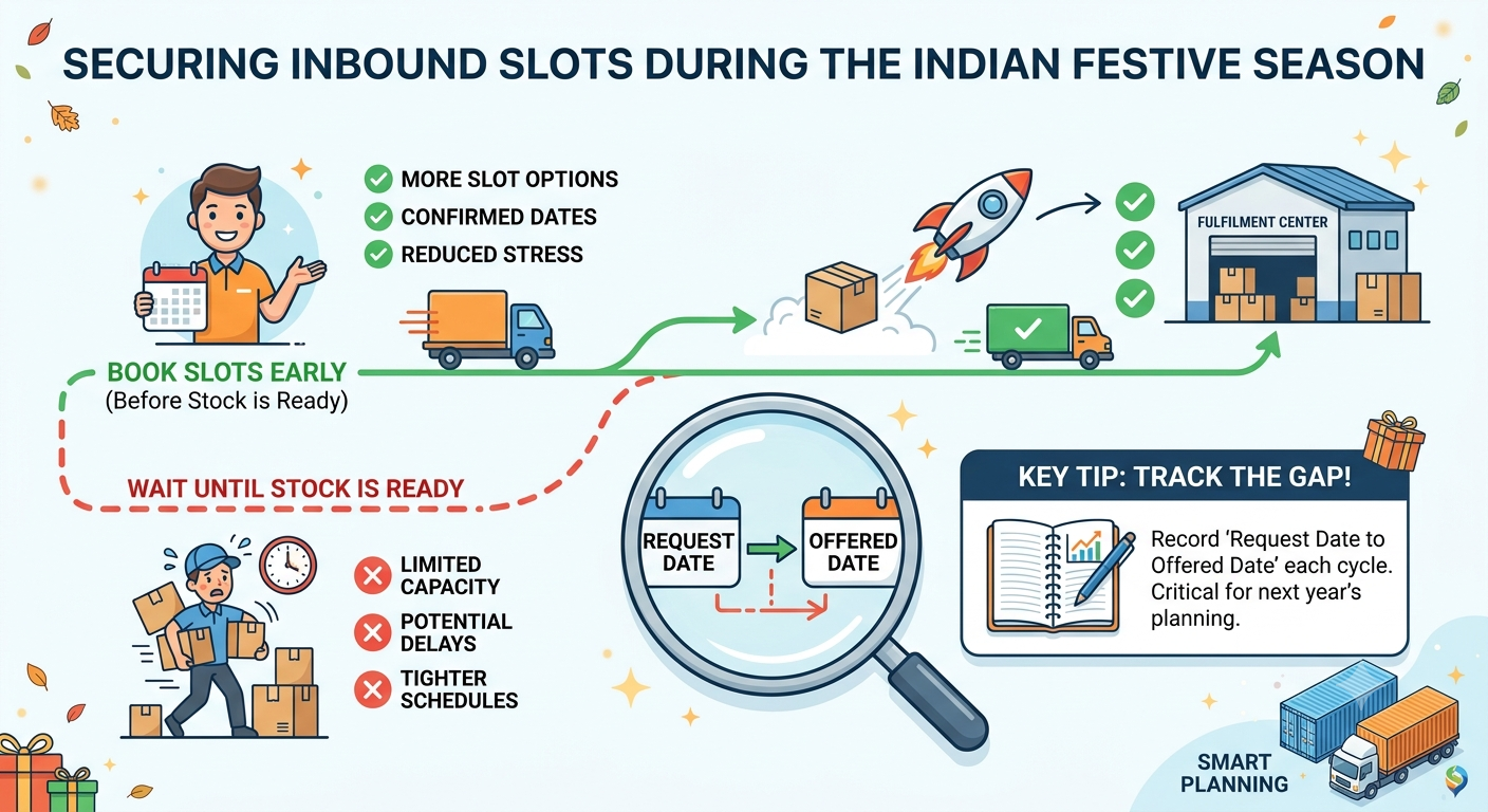 Inbound appointment planning during the Indian festive season showing early slot booking, confirmed dates, and reduced scheduling risk