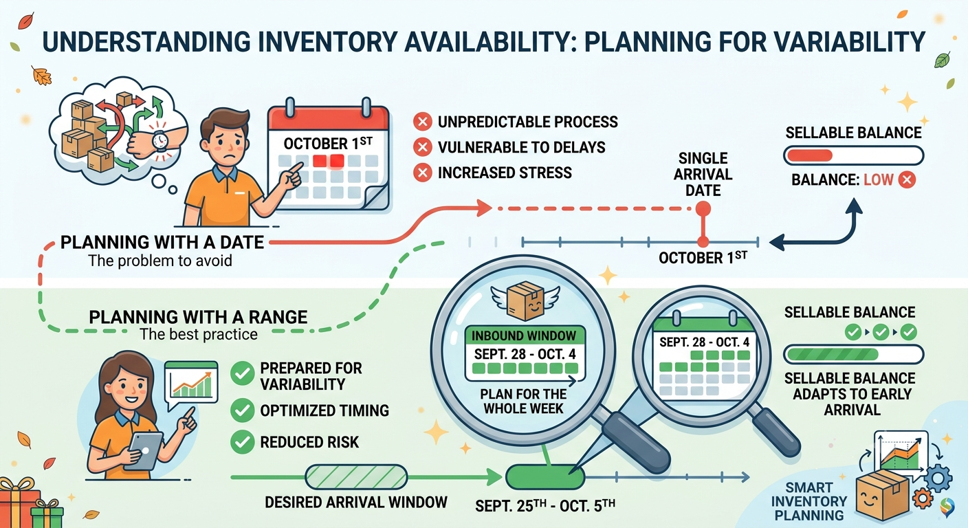 Inventory availability planning showing why fulfillment center check-in should be planned using an arrival window rather than a fixed date