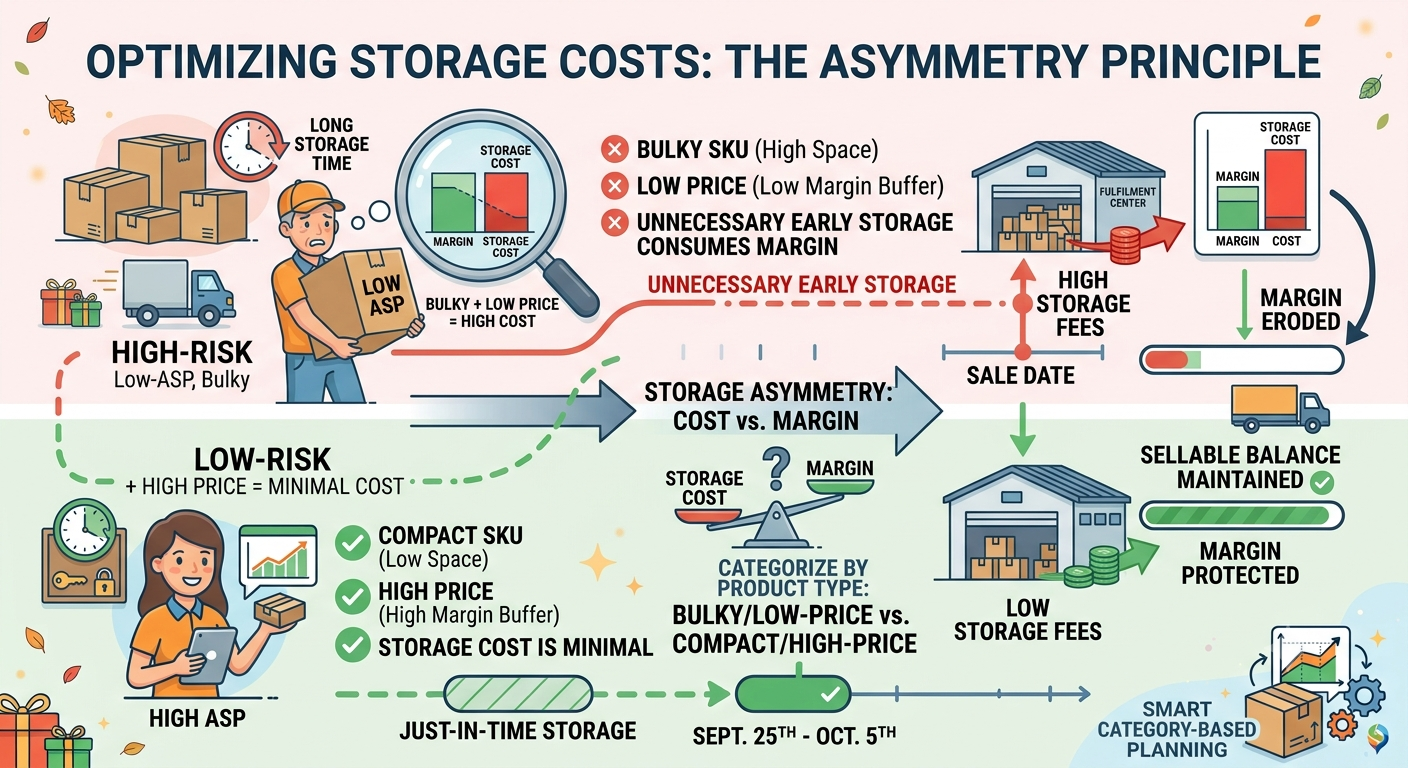 Ecommerce inventory storage strategy comparing bulky low-ASP products with compact high-ASP products and their different storage cost impacts