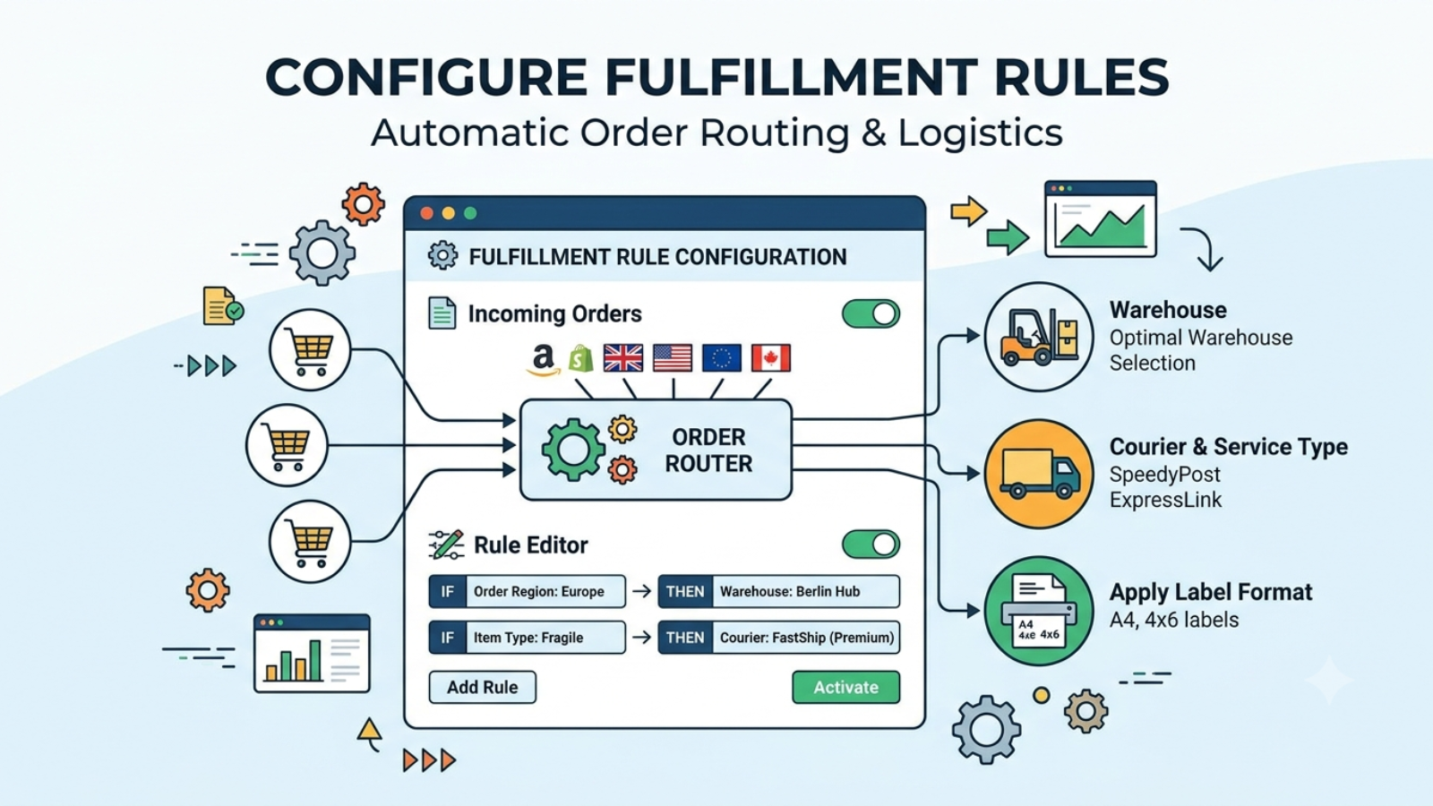 Automated fulfilment rules routing orders by warehouse, courier, and delivery location