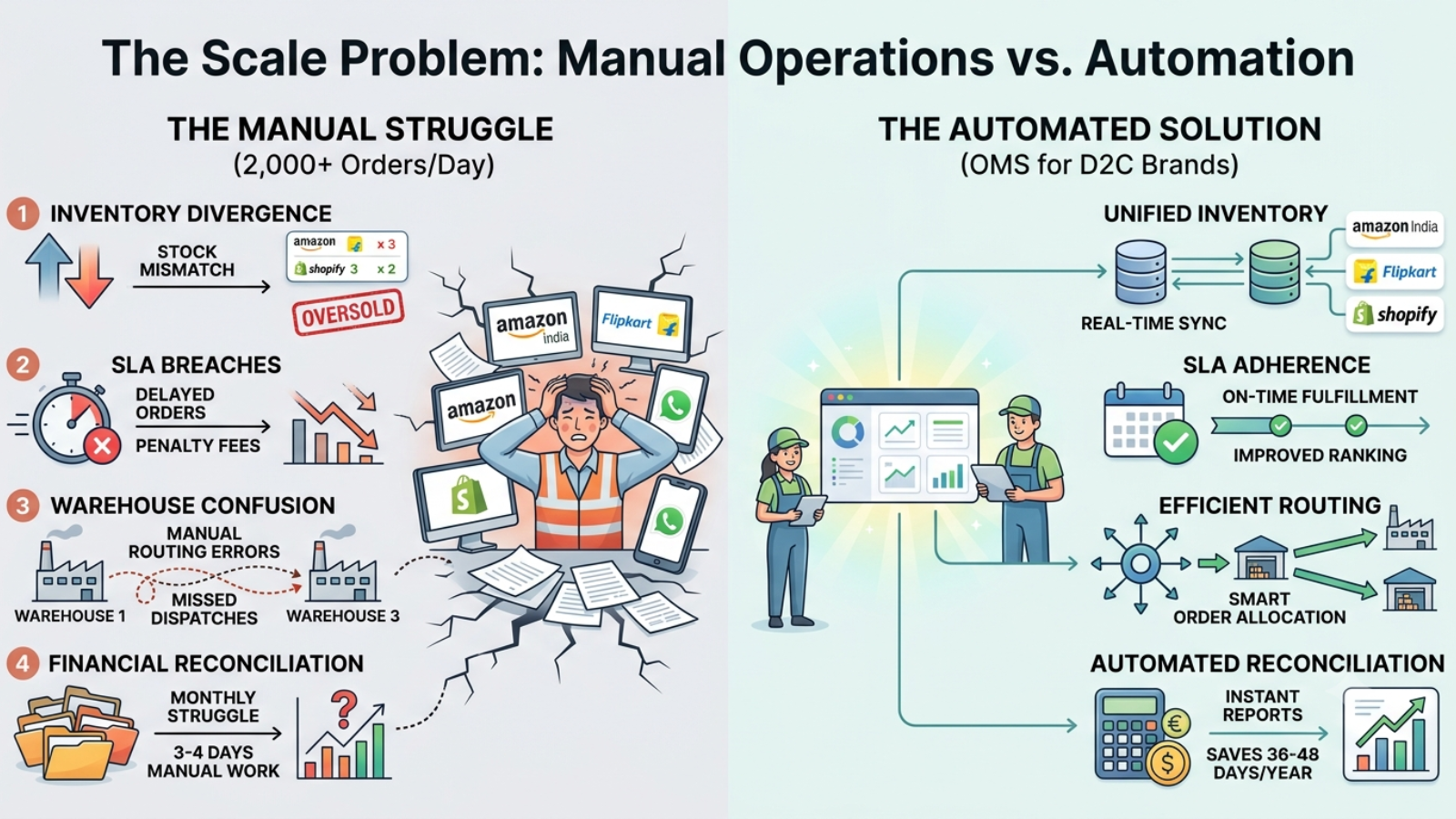 Comparison of manual ecommerce operations and automated OMS workflows for D2C brands
