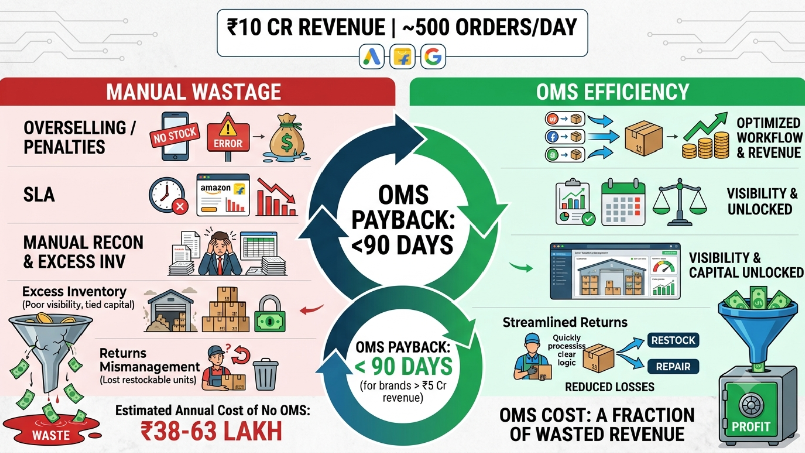 ROI comparison showing operational savings after implementing an OMS