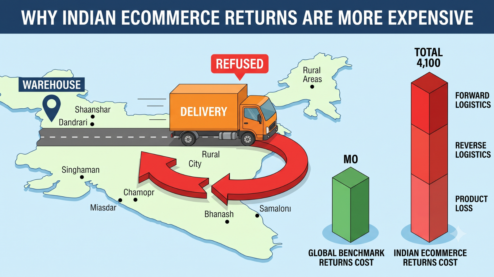 Infographic explaining why ecommerce returns are more expensive in India due to RTO and reverse logistics