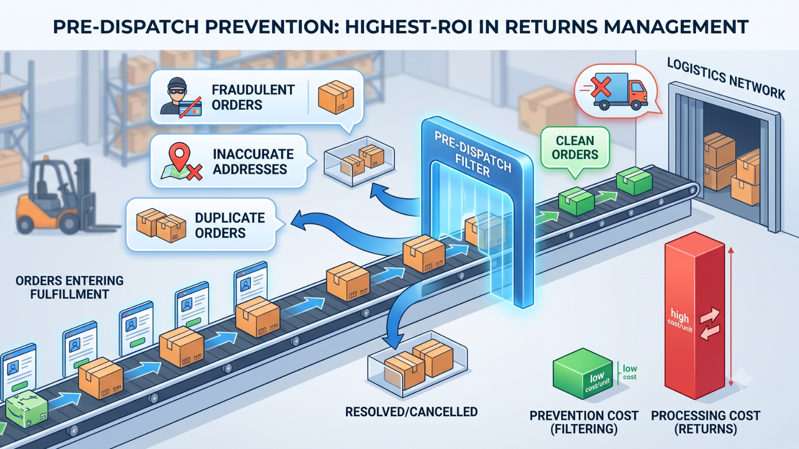 Pre-dispatch prevention workflow reducing fraudulent orders, address errors, and avoidable returns