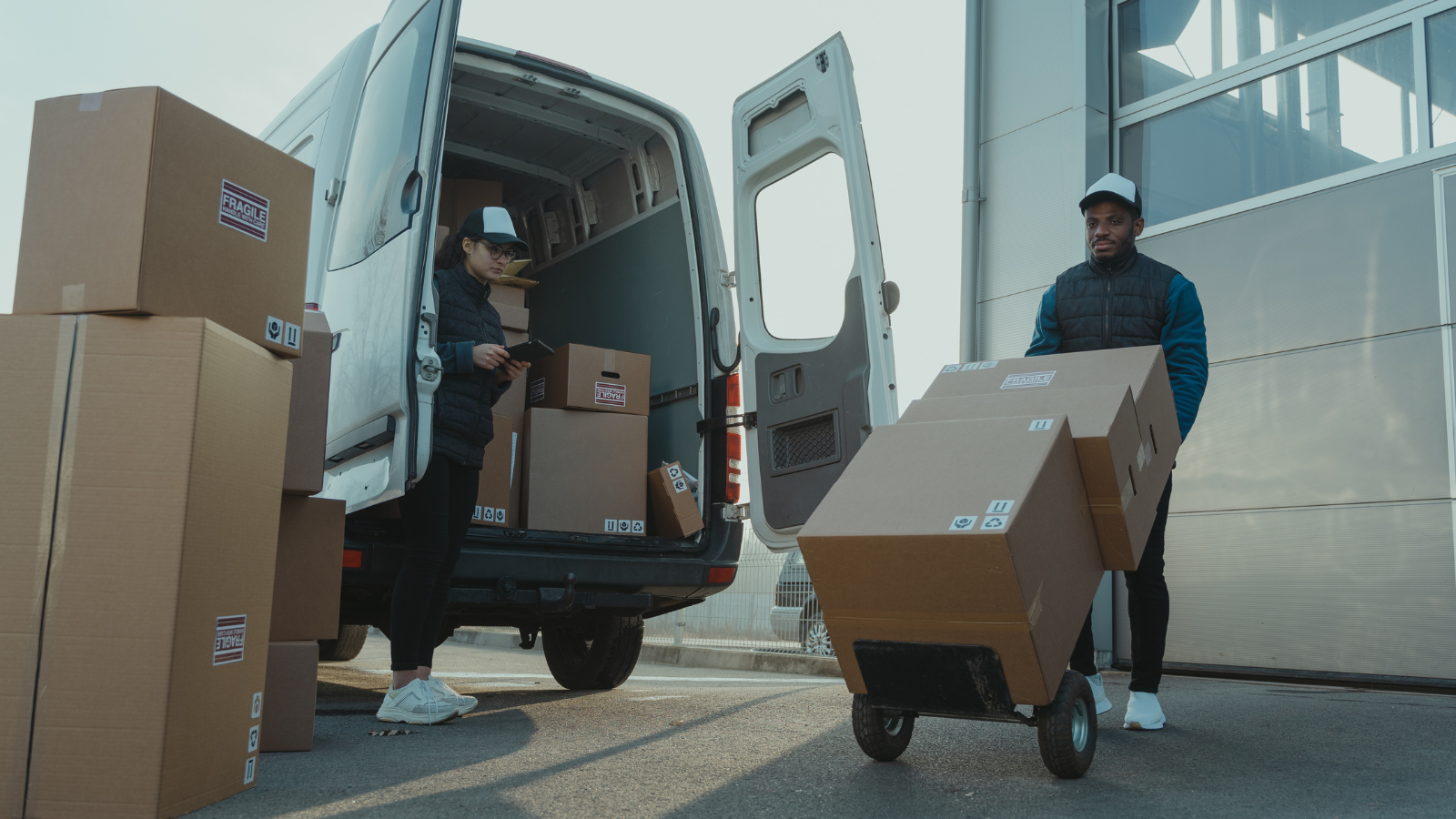 Warehouse team unloading returned ecommerce packages for reverse logistics processing