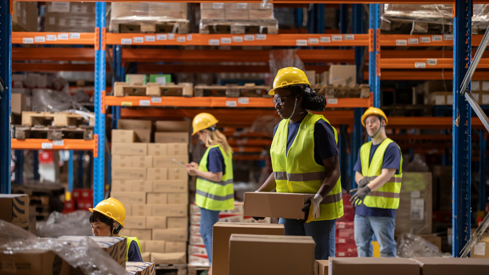 Warehouse staff inspecting returned products for quality checks and inventory restocking