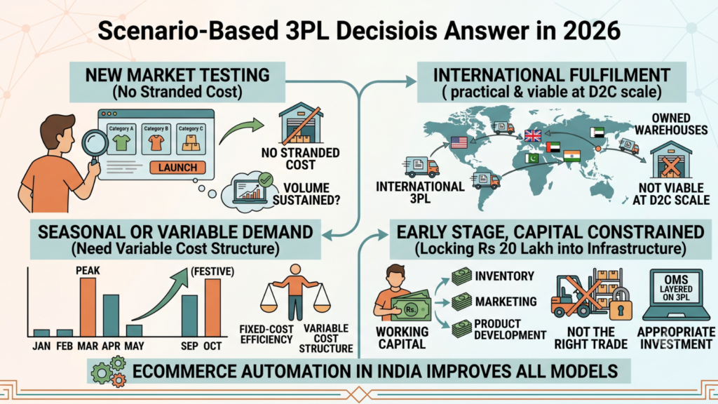 Decision framework showing when Indian D2C brands should choose a 3PL or self-operated warehouse